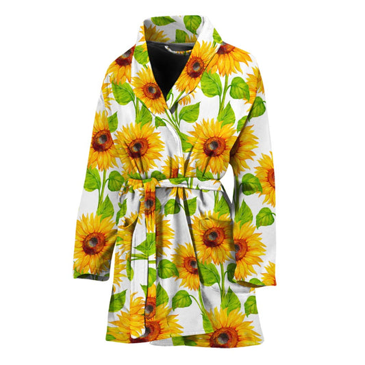 White Watercolor Sunflower Pattern Print Women's Bathrobe