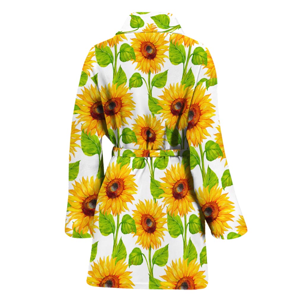 White Watercolor Sunflower Pattern Print Women's Bathrobe