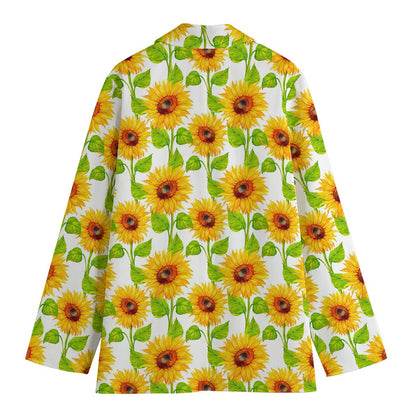 White Watercolor Sunflower Pattern Print Women's Blazer