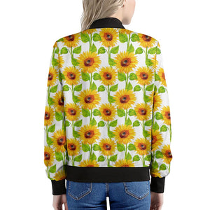 White Watercolor Sunflower Pattern Print Women's Bomber Jacket