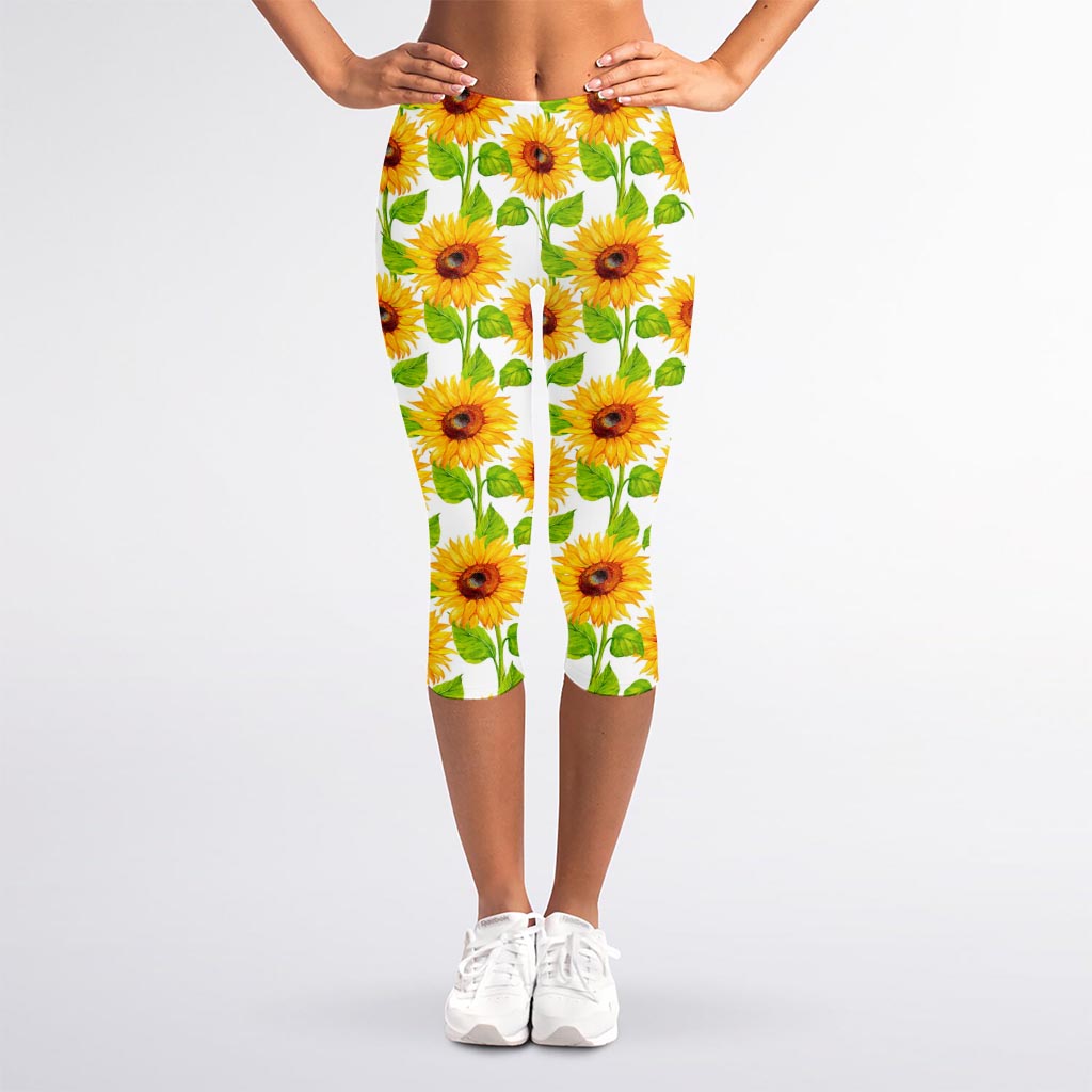 White Watercolor Sunflower Pattern Print Women's Capri Leggings