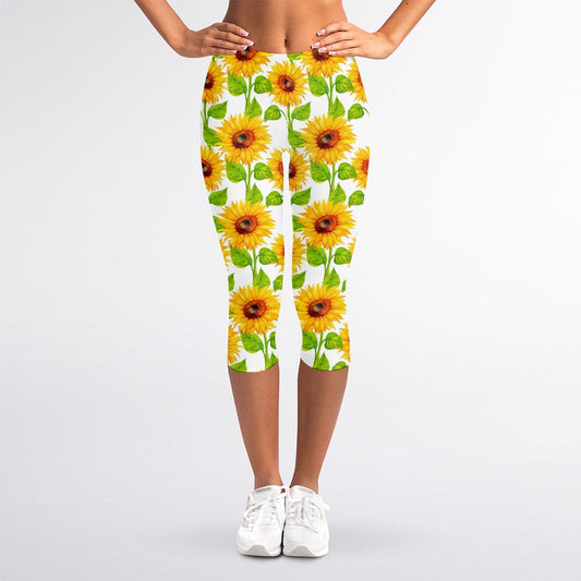 White Watercolor Sunflower Pattern Print Women's Capri Leggings