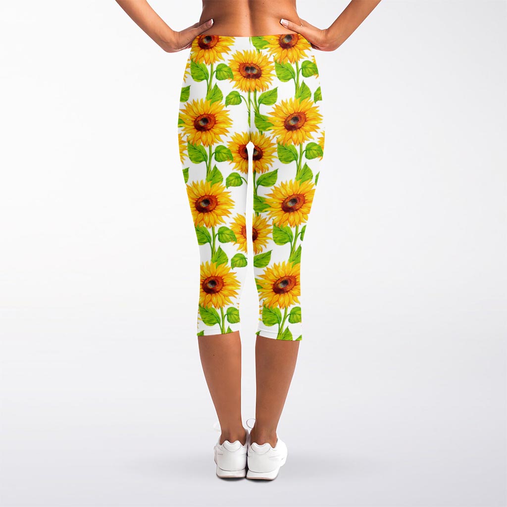 White Watercolor Sunflower Pattern Print Women's Capri Leggings