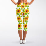 White Watercolor Sunflower Pattern Print Women's Capri Leggings