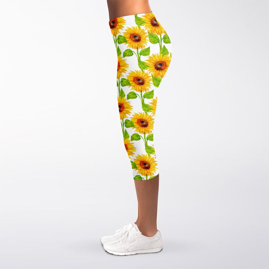 White Watercolor Sunflower Pattern Print Women's Capri Leggings