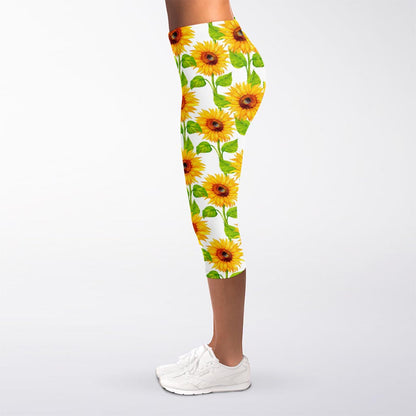 White Watercolor Sunflower Pattern Print Women's Capri Leggings