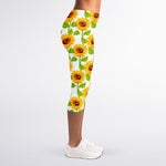 White Watercolor Sunflower Pattern Print Women's Capri Leggings