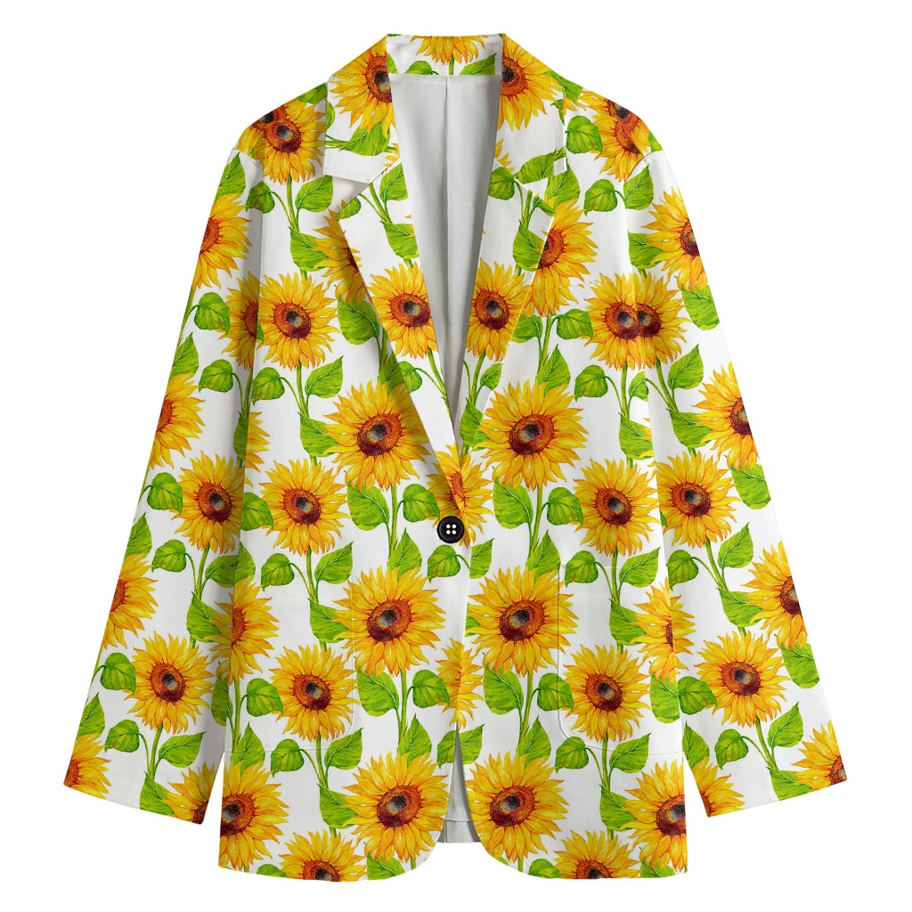 White Watercolor Sunflower Pattern Print Women's Cotton Blazer