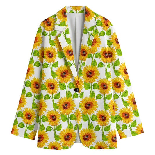 White Watercolor Sunflower Pattern Print Women's Cotton Blazer
