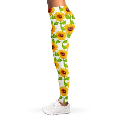 White Watercolor Sunflower Pattern Print Women's Leggings