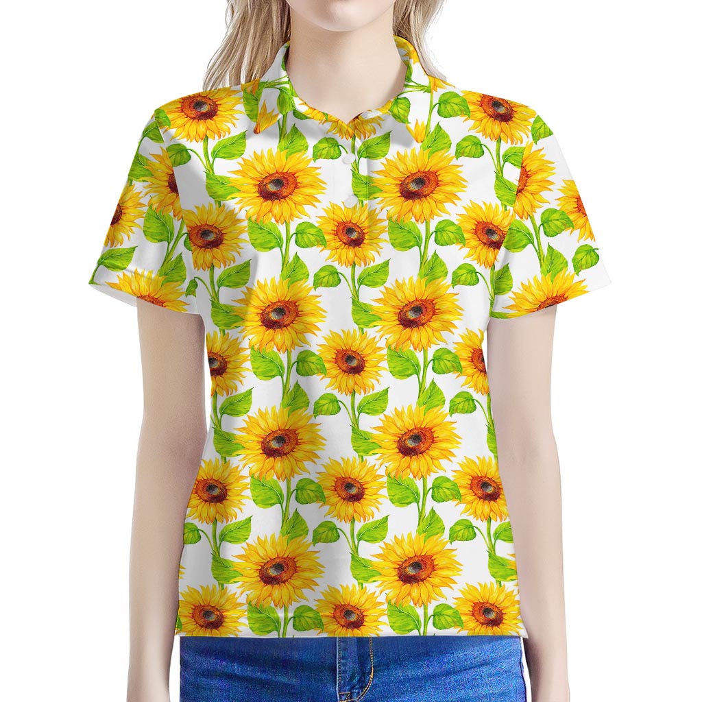 White Watercolor Sunflower Pattern Print Women's Polo Shirt