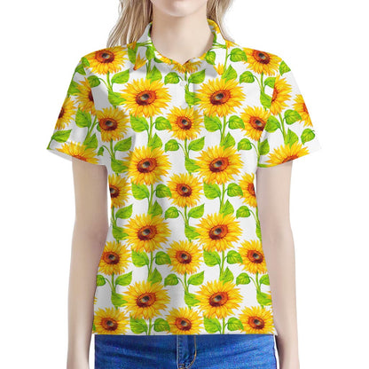 White Watercolor Sunflower Pattern Print Women's Polo Shirt