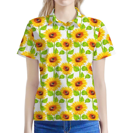 White Watercolor Sunflower Pattern Print Women's Polo Shirt