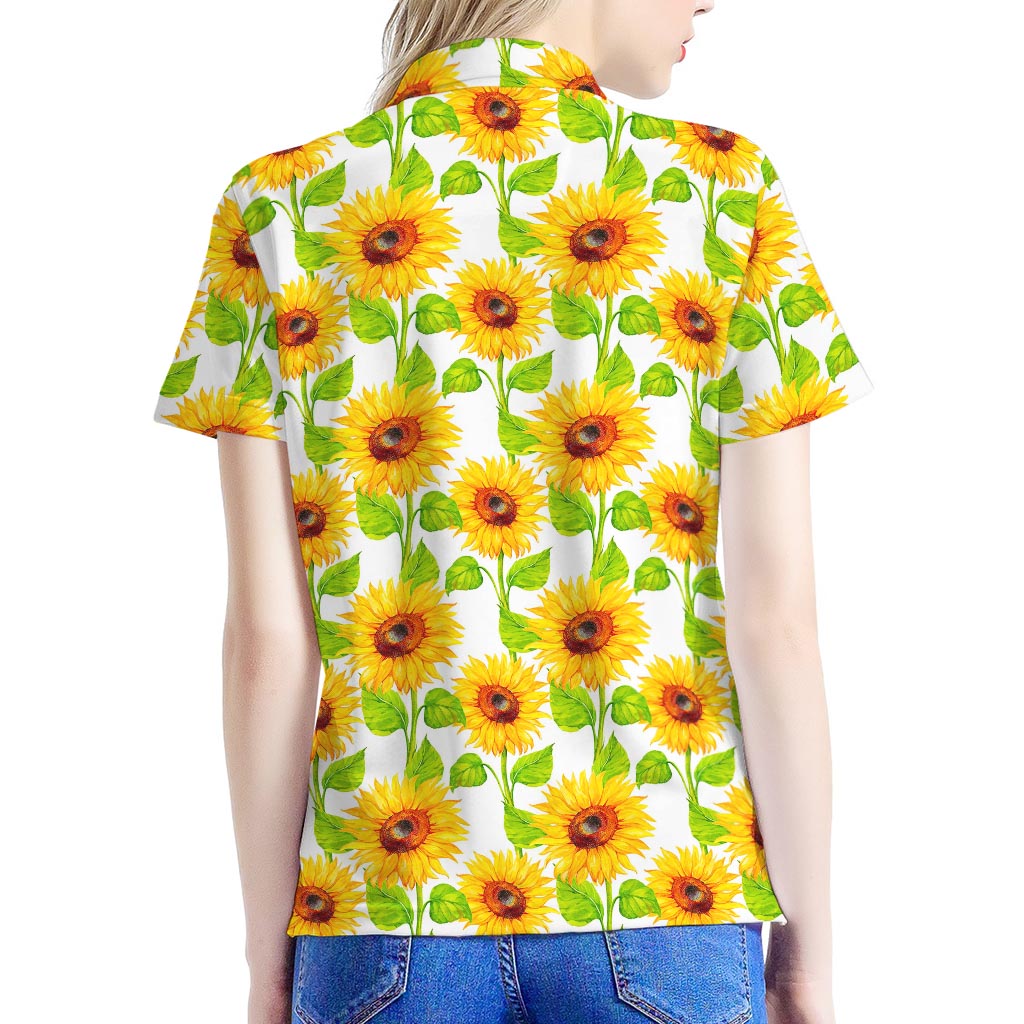 White Watercolor Sunflower Pattern Print Women's Polo Shirt