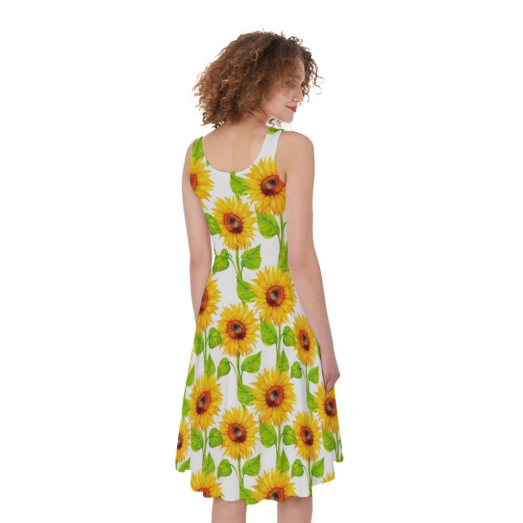 White Watercolor Sunflower Pattern Print Women's Sleeveless Dress