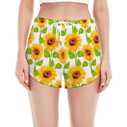 White Watercolor Sunflower Pattern Print Women's Split Running Shorts