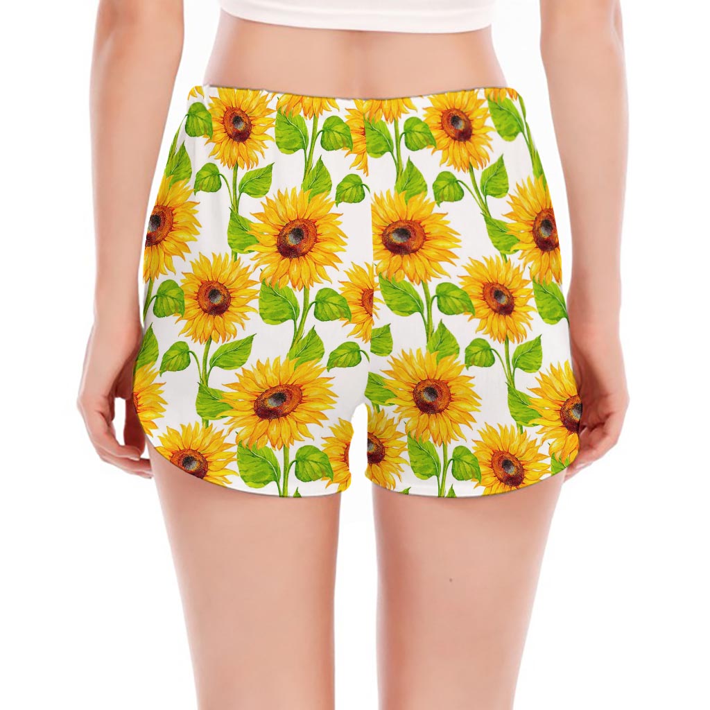 White Watercolor Sunflower Pattern Print Women's Split Running Shorts