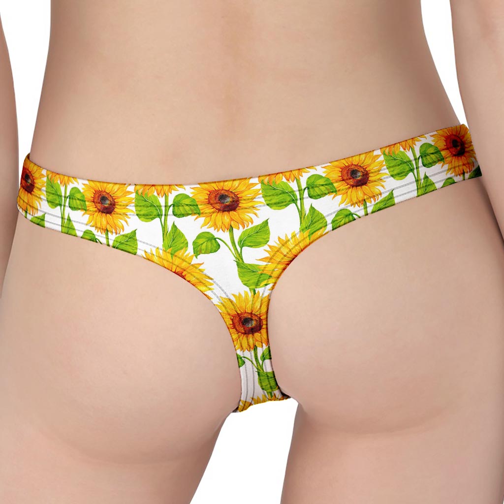 White Watercolor Sunflower Pattern Print Women's Thong