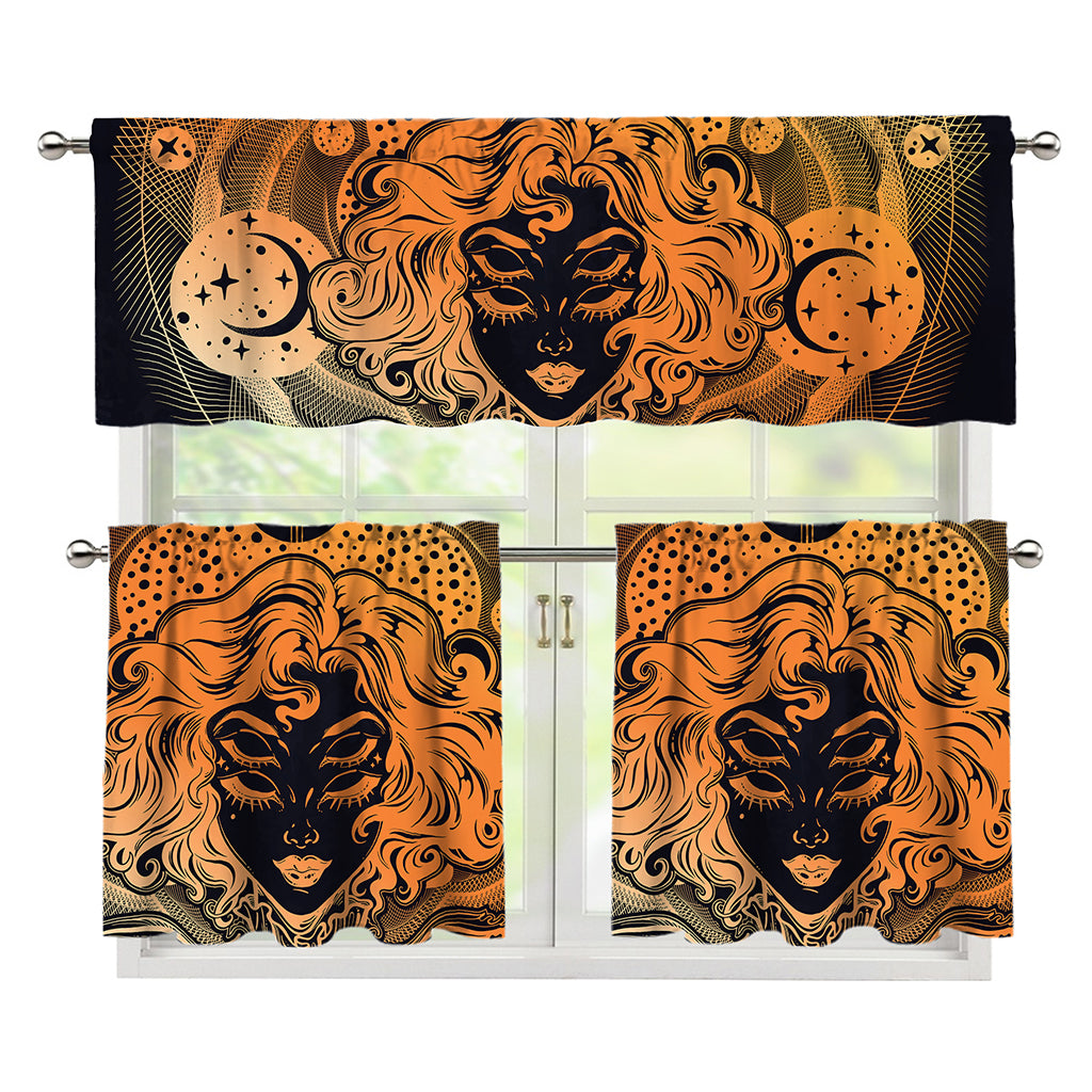 Wiccan Girl And Magical Moon Print 3 Piece Kitchen Curtains