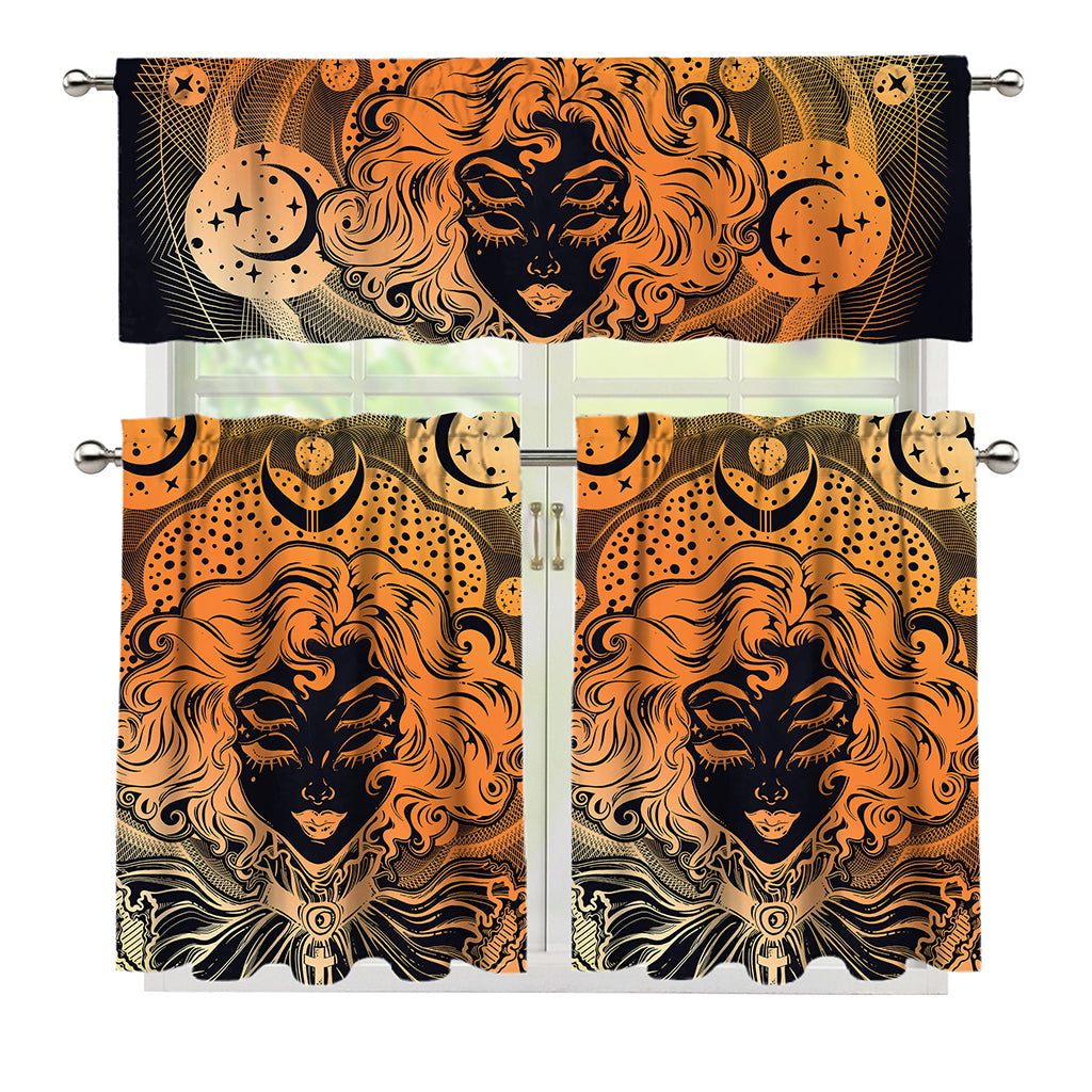 Wiccan Girl And Magical Moon Print 3 Piece Kitchen Curtains