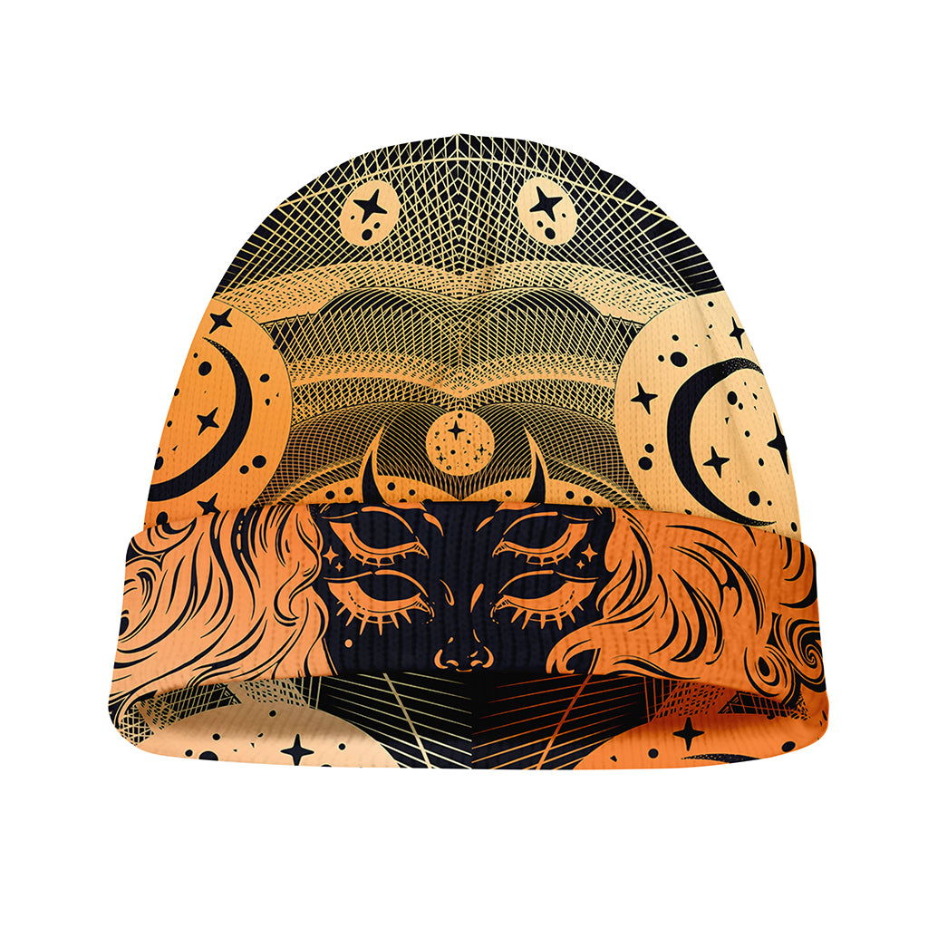Wiccan Girl And Magical Moon Print Beanie