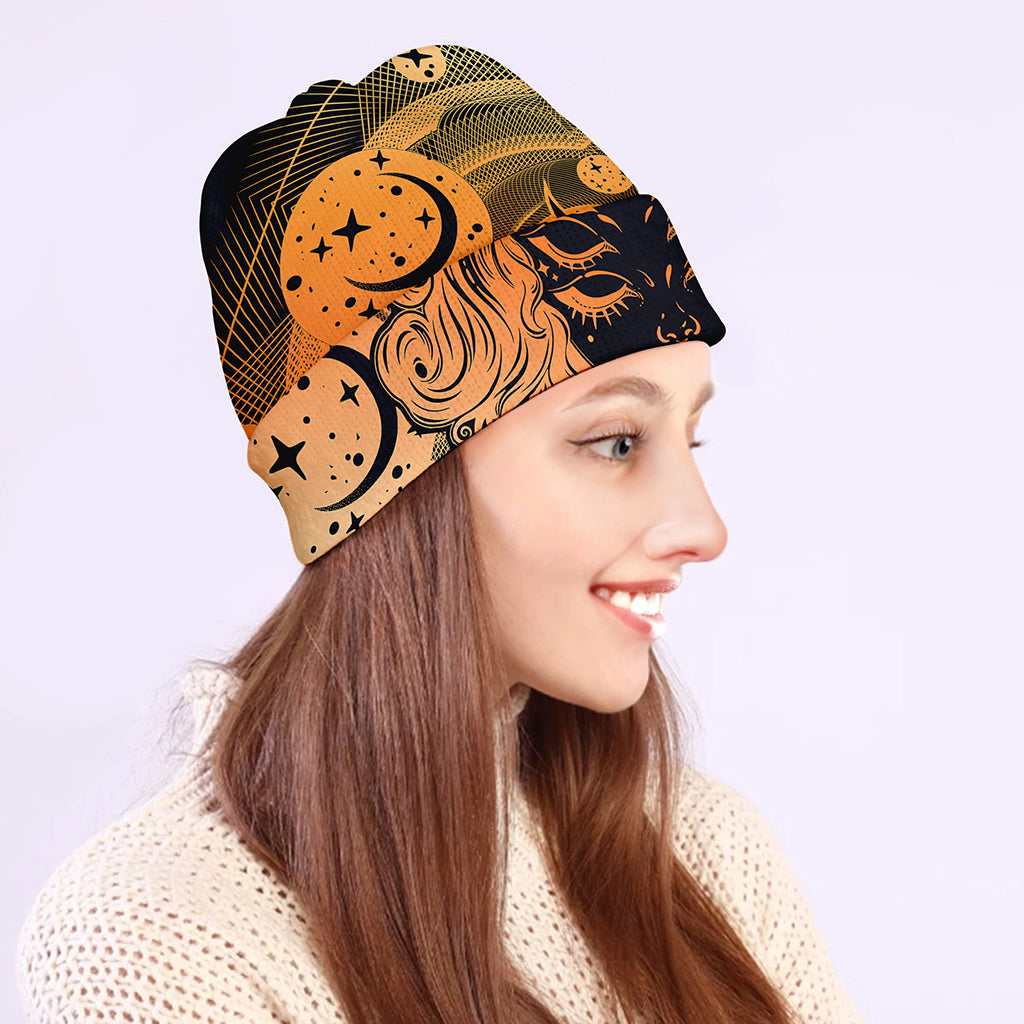 Wiccan Girl And Magical Moon Print Beanie