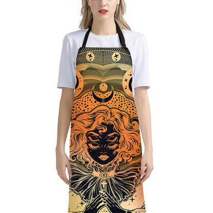 Wiccan Girl And Magical Moon Print Bib Apron With Pocket