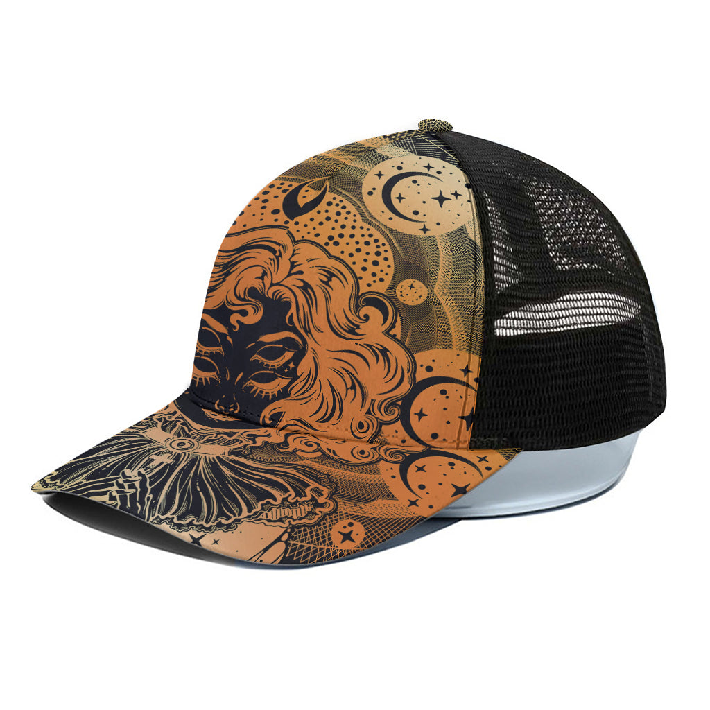 Wiccan Girl And Magical Moon Print Black Mesh Trucker Cap