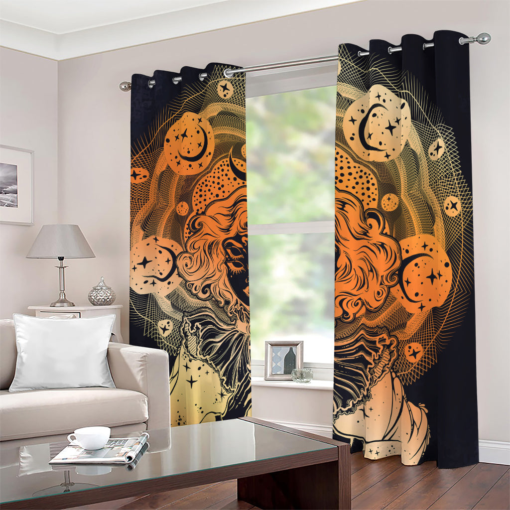 Wiccan Girl And Magical Moon Print Blackout Grommet Curtains