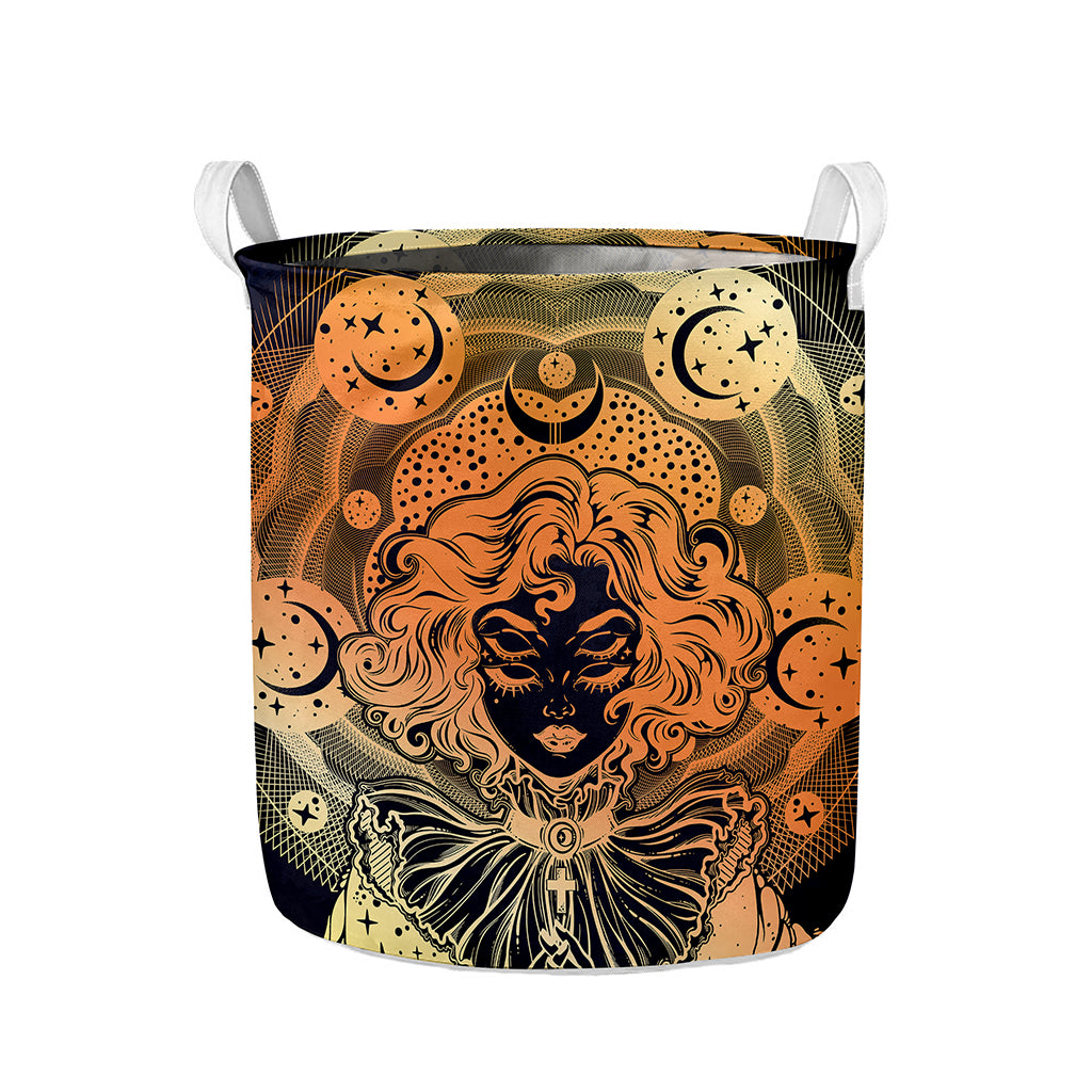 Wiccan Girl And Magical Moon Print Collapsible Laundry Basket
