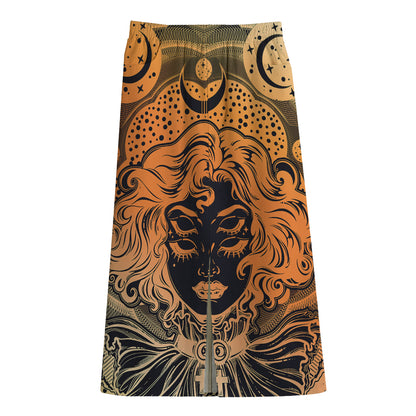 Wiccan Girl And Magical Moon Print Cotton Front Slit Maxi Skirt