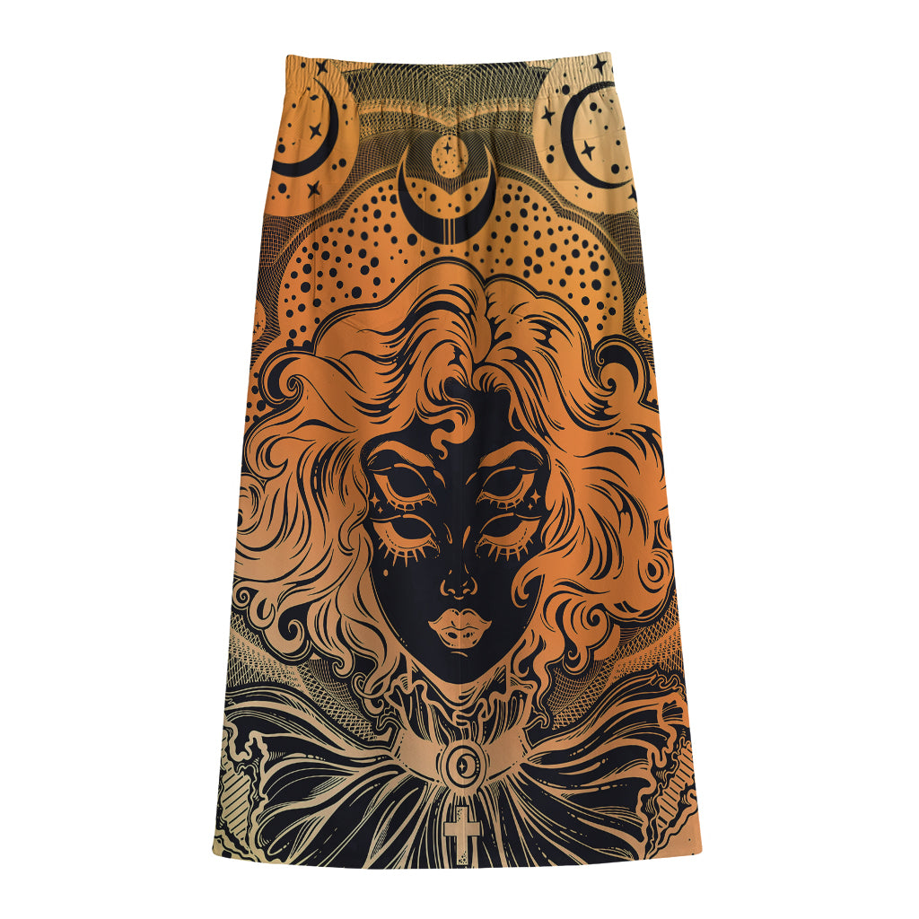 Wiccan Girl And Magical Moon Print Cotton Front Slit Maxi Skirt