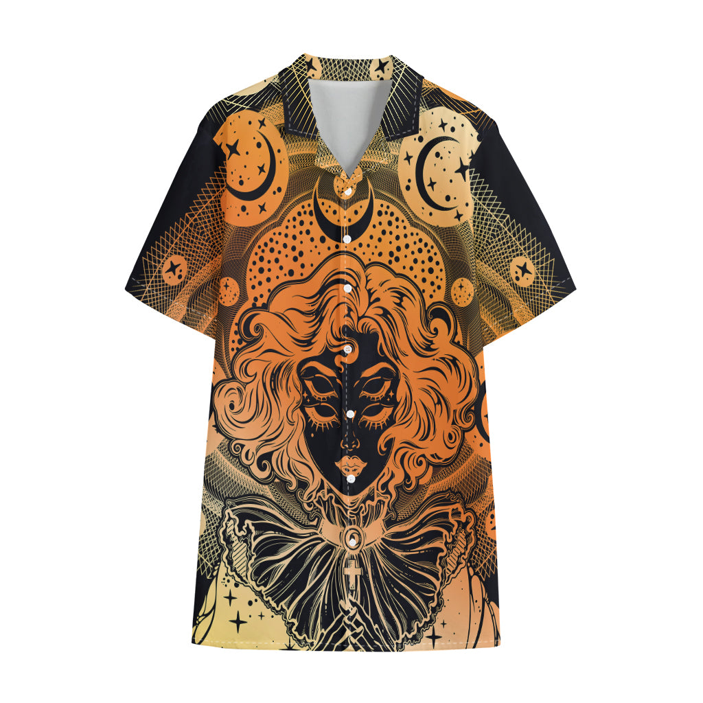 Wiccan Girl And Magical Moon Print Cotton Hawaiian Shirt