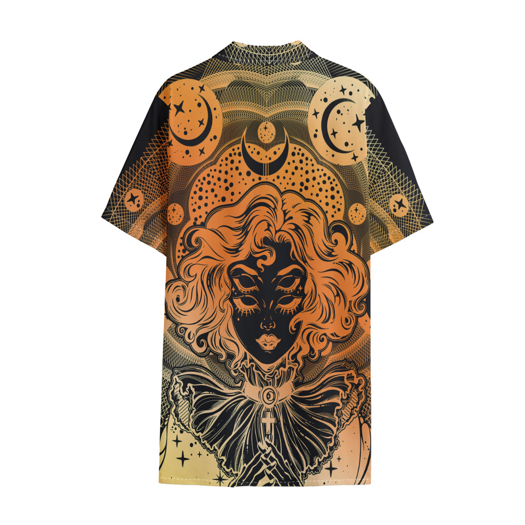 Wiccan Girl And Magical Moon Print Cotton Hawaiian Shirt