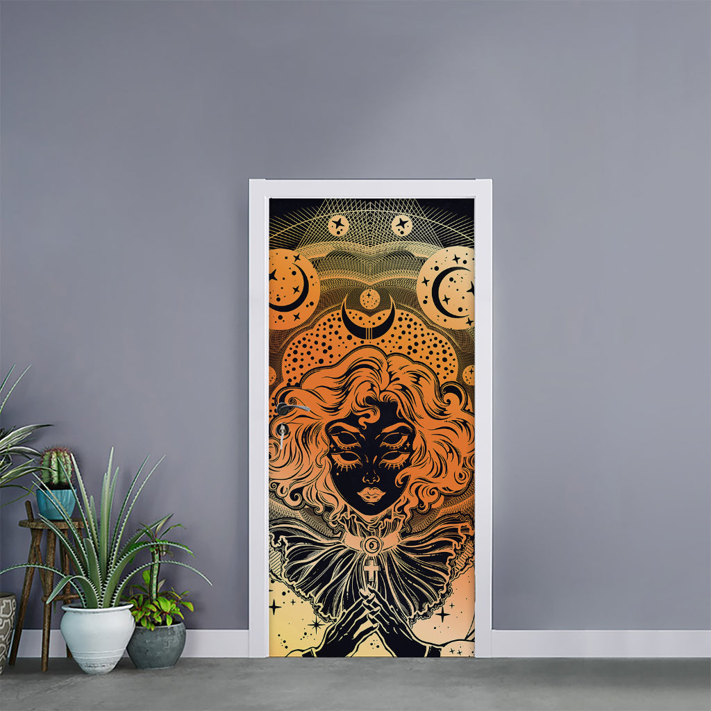 Wiccan Girl And Magical Moon Print Door Sticker