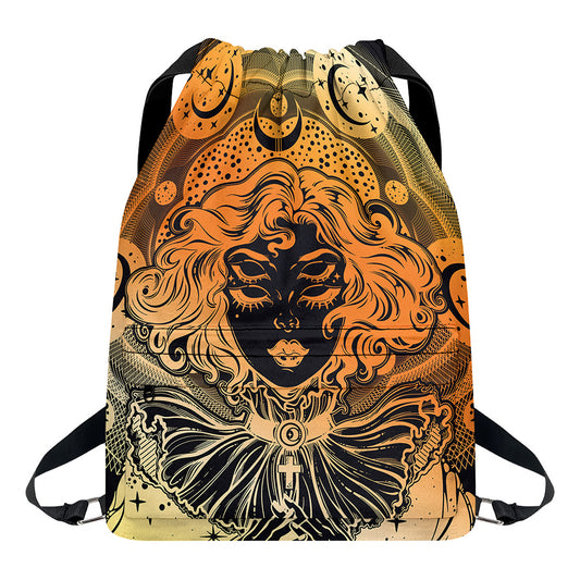 Wiccan Girl And Magical Moon Print Drawstring Backpack