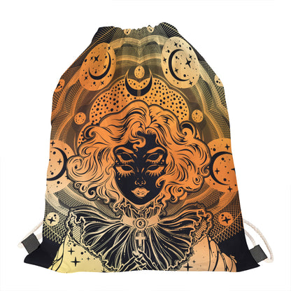 Wiccan Girl And Magical Moon Print Drawstring Bag