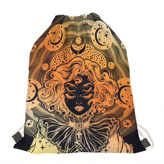 Wiccan Girl And Magical Moon Print Drawstring Bag