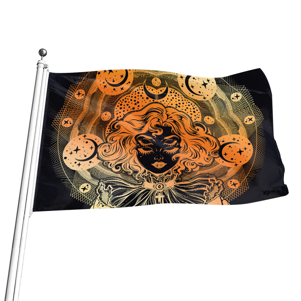 Wiccan Girl And Magical Moon Print Flag