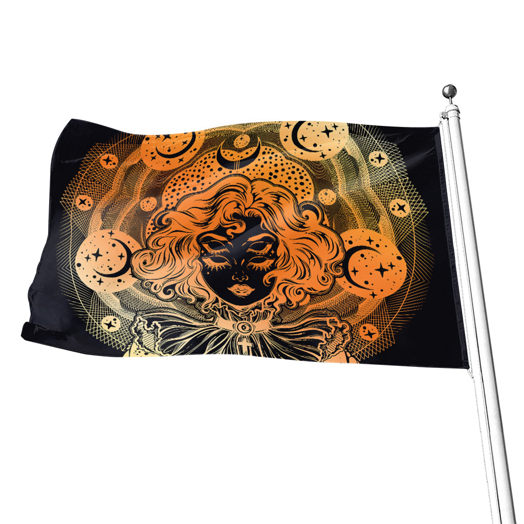Wiccan Girl And Magical Moon Print Flag
