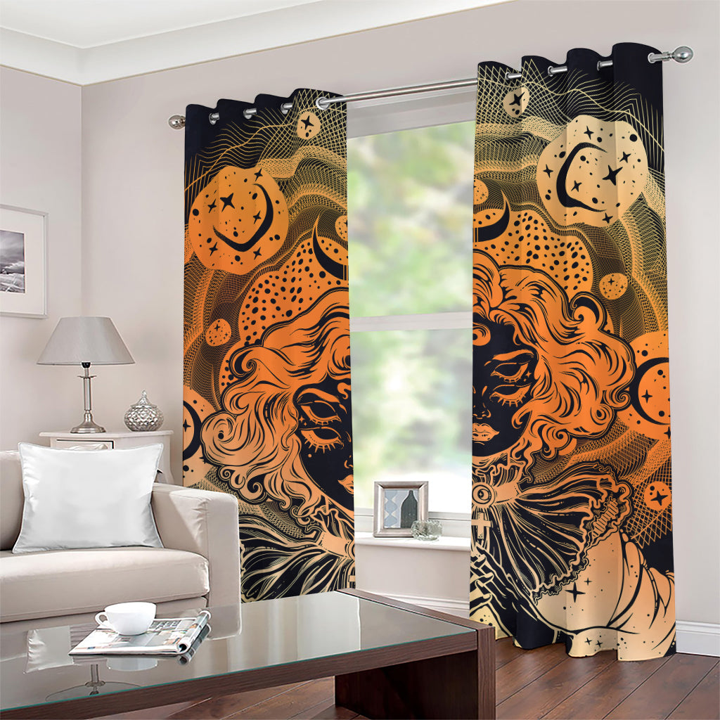 Wiccan Girl And Magical Moon Print Grommet Curtains