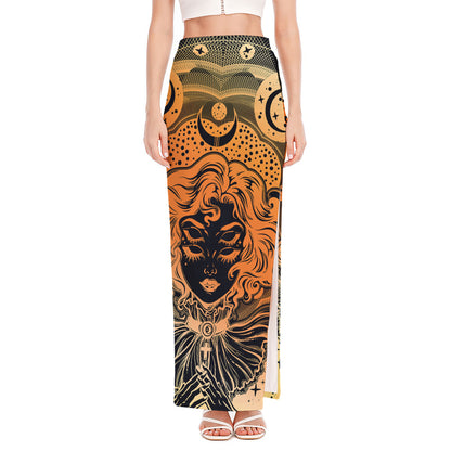 Wiccan Girl And Magical Moon Print High Slit Maxi Skirt