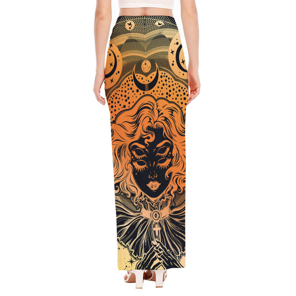 Wiccan Girl And Magical Moon Print High Slit Maxi Skirt