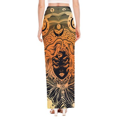 Wiccan Girl And Magical Moon Print High Slit Maxi Skirt