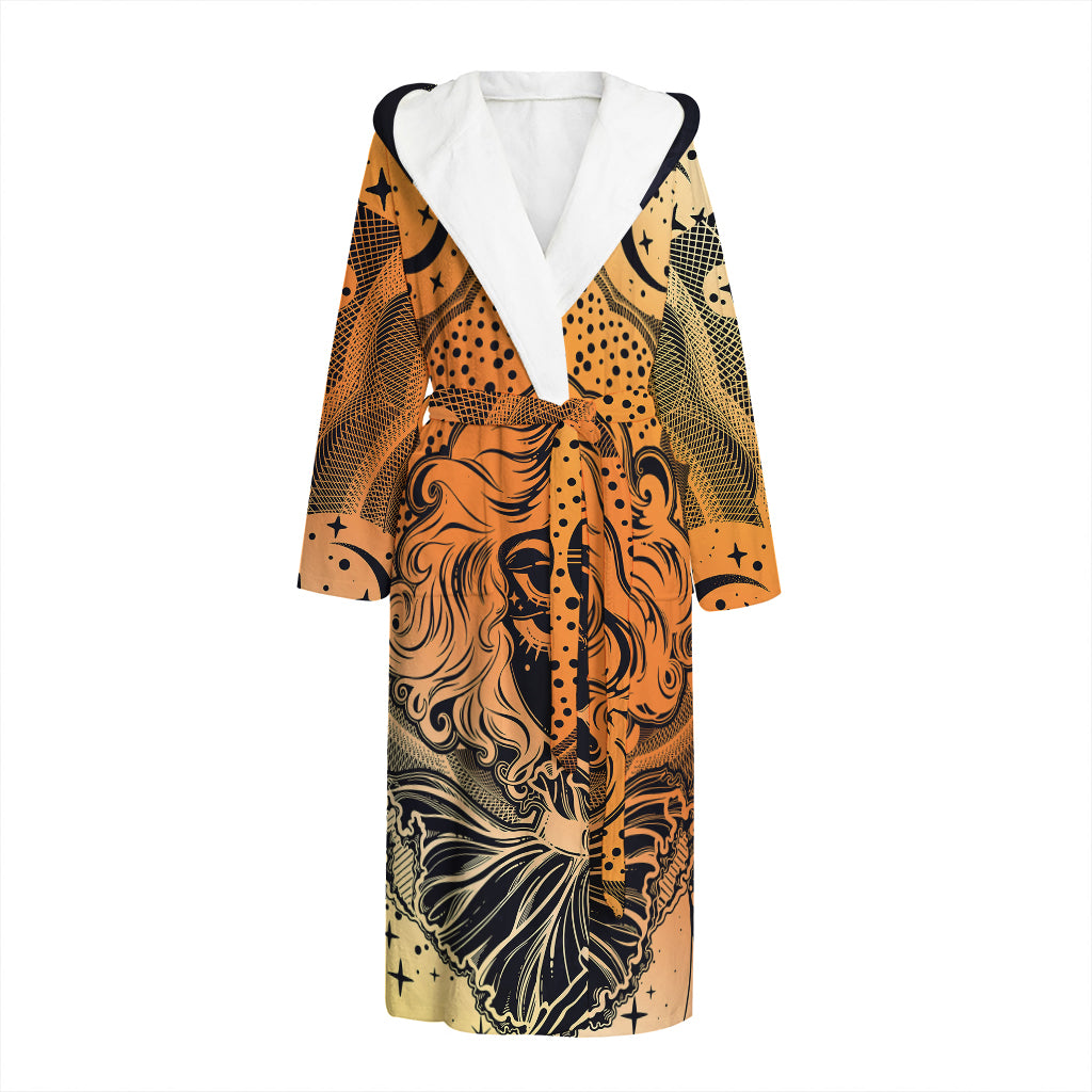 Wiccan Girl And Magical Moon Print Hooded Bathrobe