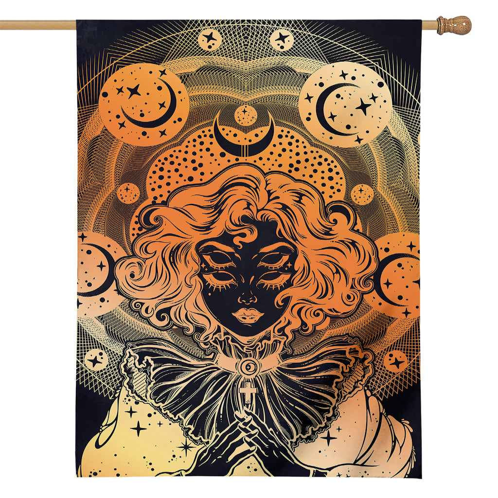 Wiccan Girl And Magical Moon Print House Flag
