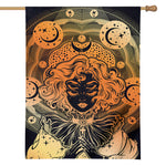 Wiccan Girl And Magical Moon Print House Flag