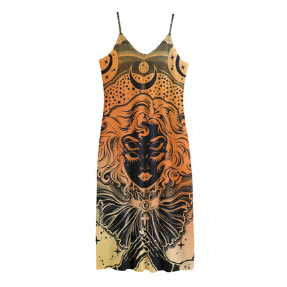 Wiccan Girl And Magical Moon Print Jersey Midi Cami Dress