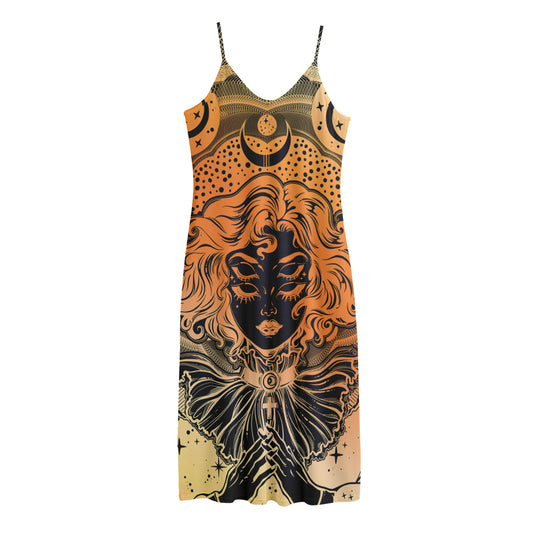 Wiccan Girl And Magical Moon Print Jersey Midi Cami Dress