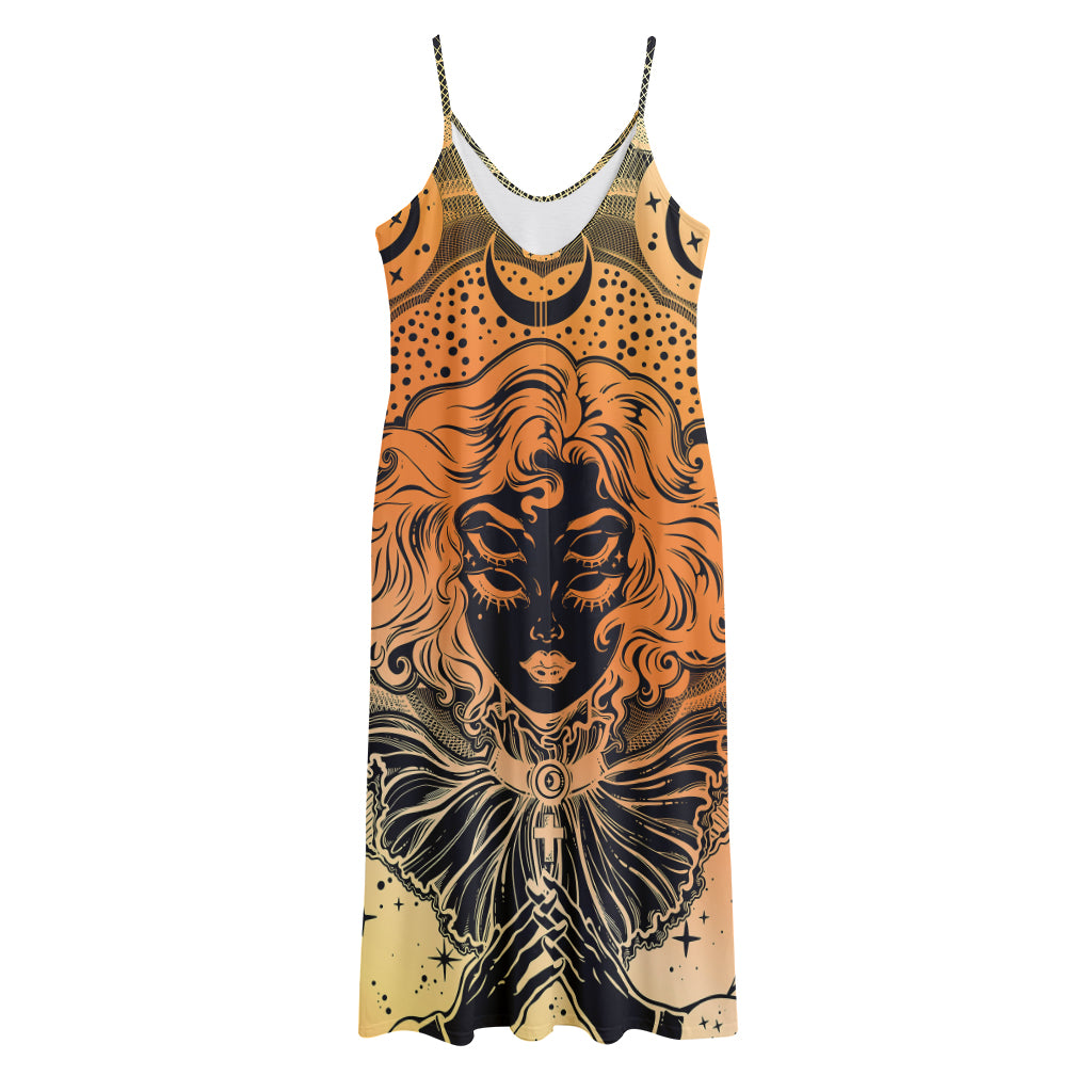 Wiccan Girl And Magical Moon Print Jersey Midi Cami Dress
